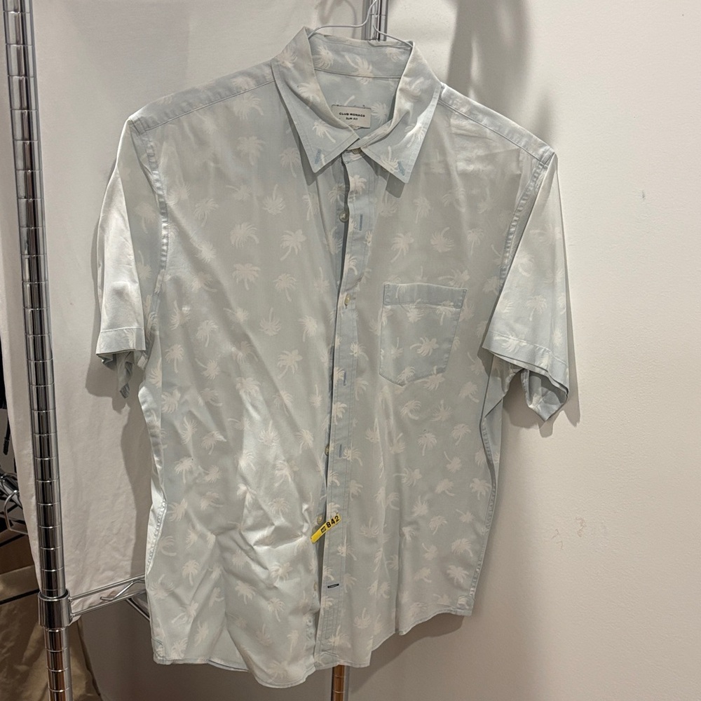 Club Monaco Pale Blue Palm-Print Short Sleeve Button-Up